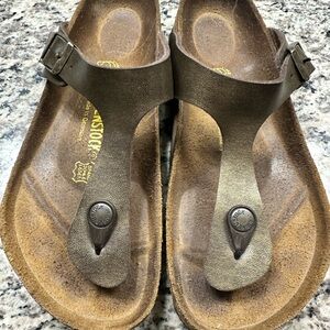 Birkenstock Brown/greenish gold Leather Thong Sandal with Brass Buckle